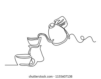 Continuous line art or One Line Drawing of Coffee is poured into a glass