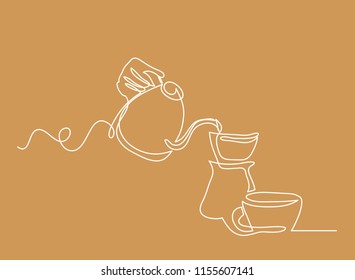Continuous line art or One Line Drawing of Coffee is poured into a glass