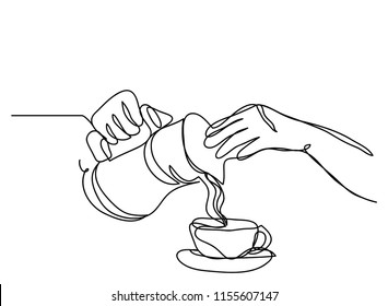 Continuous line art or One Line Drawing of Coffee is poured into a glass