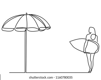 Continuous line art or one line drawing of women holding a surfboard.
linear style and Hand drawn vector illustrations, outline
