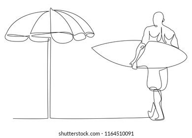 Continuous line art or one line drawing of holding a surfboard.
linear style and Hand drawn vector illustrations, outline