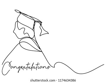 Continuous line art or One Line Drawing of  graduation students card concept congratulation card, linear style and Hand drawn Vector illustrations