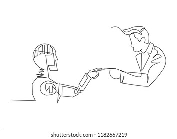 Continuous line art or One Line Drawing of artificial intelligence, future technology and communication concept - robot and human hand connecting fingers