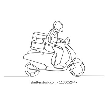 Continuous line art or One Line Drawing of Delivery Man Ride Scooter Motorcycle Cartoon Vector illustration