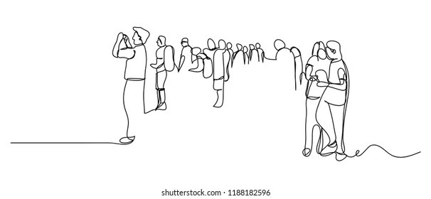 Continuous line art or One Line Drawing of people walking, photographing, talking, traveling