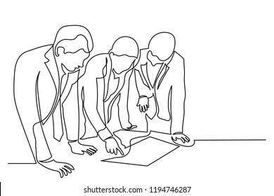 Continuous Line Art Or One Line Drawing Of Business Men Meeting Talking About Business Planning Concepts.