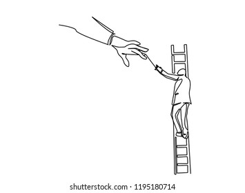 Continuous line art or One Line Drawing of a businessman climbing stairs. And there are hands to help. The concept of refining the market. Vector illustrations