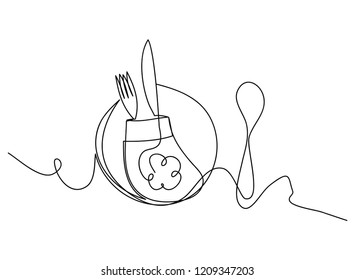 	
Continuous line art or One Line Drawing of plate, khife and fork. linear style and Hand drawn Vector illustrations