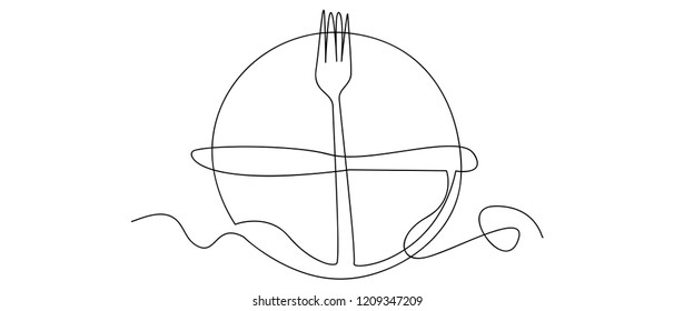 	
Continuous line art or One Line Drawing of plate, khife and fork. linear style and Hand drawn Vector illustrations