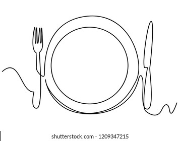 	
Continuous line art One Line Drawing plate  khife   fork  linear style   Hand drawn Vector illustrations