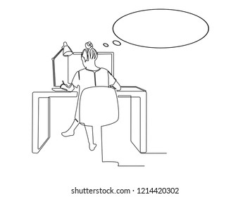Continuous line art or One Line Drawing of A woman sitting at a desk and looking at a monitor. vector design illustrations.
with dialog speech bubbles