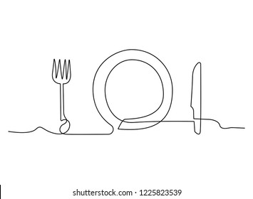 Continuous line art or One Line Drawing of plate, khife and fork. linear style and Hand drawn Vector illustrations