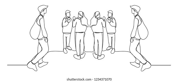Continuous line art or One Line Drawing of people walking, photographing, talking, traveling