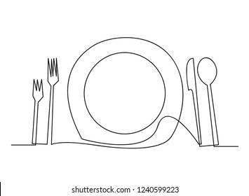 Continuous line art or One Line Drawing of plate, khife and fork. linear style and Hand drawn Vector illustrations