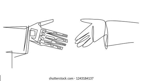 Continuous line art or One Line Drawing of artificial intelligence, future technology and communication concept - robot and human hand connecting fingers