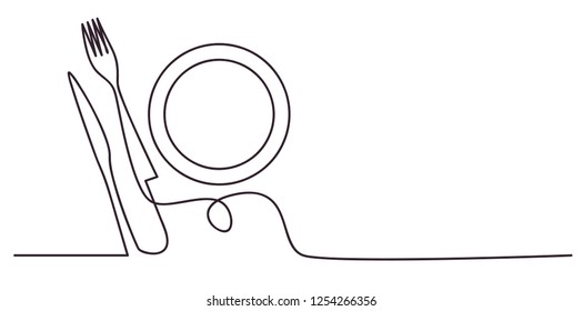 Continuous line art One Line Drawing plate  khife   fork  linear style   Hand drawn Vector illustrations