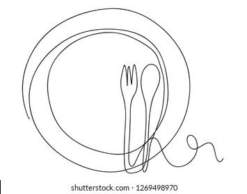 Continuous line art or One Line Drawing of plate, khife and fork. linear style and Hand drawn Vector illustrations