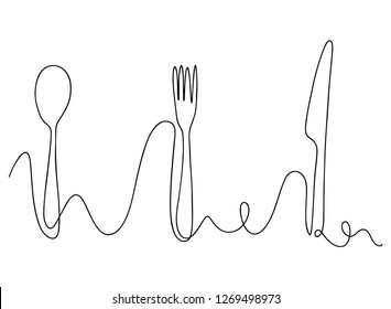 Continuous line art or One Line Drawing of plate, khife and fork. linear style and Hand drawn Vector illustrations