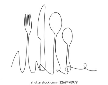 Continuous line art or One Line Drawing of plate, khife and fork. linear style and Hand drawn Vector illustrations