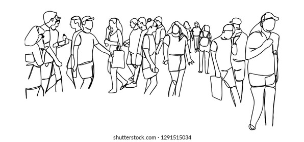 Kontinuierliche Linie Kunst oder One Line Zeichnung einer Gruppe von Menschen zu reisen, zu Fuß,.
