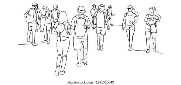 Continuous line art or One Line Drawing of a group of people to travel walking,.