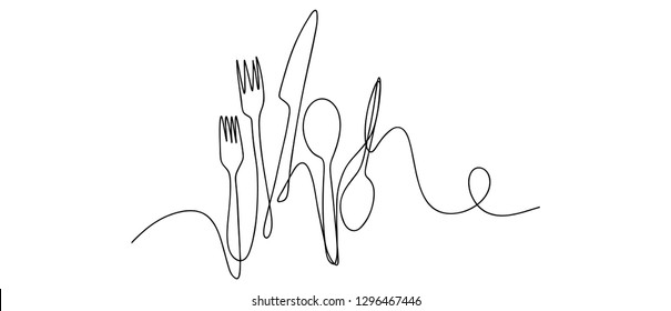 Continuous line art or One Line Drawing of plate, khife and fork. linear style and Hand drawn Vector illustrations