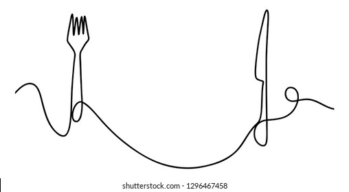 Continuous line art or One Line Drawing of plate, khife and fork. linear style and Hand drawn Vector illustrations