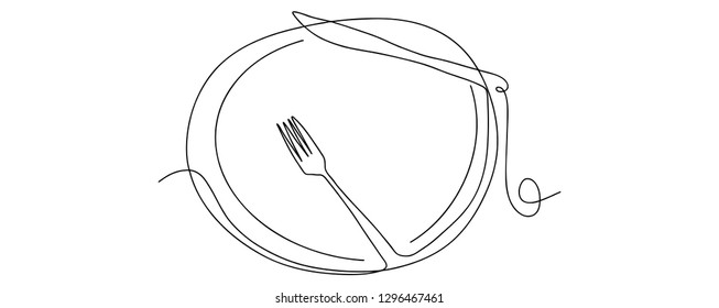 Continuous line art or One Line Drawing of plate, khife and fork. linear style and Hand drawn Vector illustrations