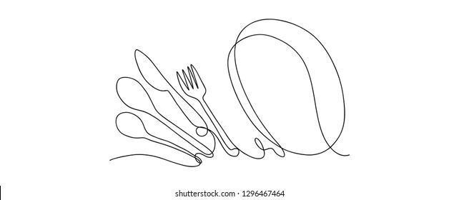 Continuous line art or One Line Drawing of plate, khife and fork. linear style and Hand drawn Vector illustrations