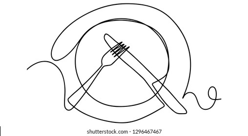 Continuous line art or One Line Drawing of plate, khife and fork. linear style and Hand drawn Vector illustrations