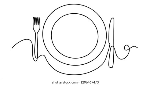 Continuous line art or One Line Drawing of plate, khife and fork. linear style and Hand drawn Vector illustrations