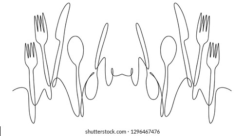Continuous line art or One Line Drawing of plate, khife and fork. linear style and Hand drawn Vector illustrations