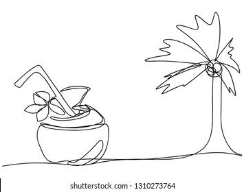 Continuous line art or One Line Drawing of natural coconut beverage and coconut tree Vector Illustration