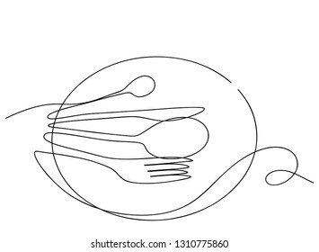 Continuous line art or One Line Drawing of plate, knife and fork. linear style and Hand drawn Vector illustrations