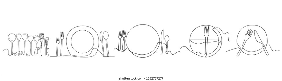 Continuous line art or One Line Drawing of plate, khife and fork. linear style and Hand drawn Vector illustrations