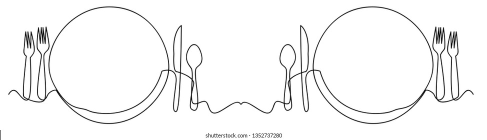 Continuous line art or One Line Drawing of plate, khife and fork. linear style and Hand drawn Vector illustrations