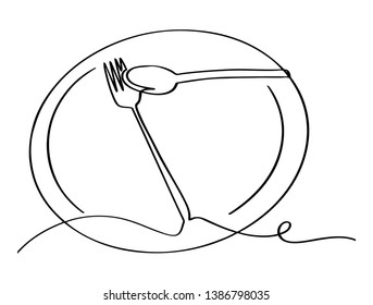 Continuous line art or One Line Drawing of plate, khife and fork. linear style and Hand drawn Vector illustrations