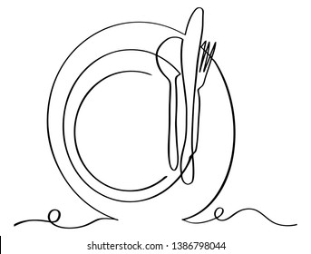 Continuous line art or One Line Drawing of plate, khife and fork. linear style and Hand drawn Vector illustrations