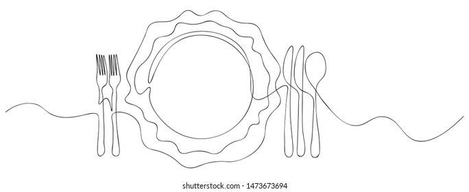 Continuous line art or One Line Drawing of plate, Khife and fork. linear style and Hand drawn Vector illustrations