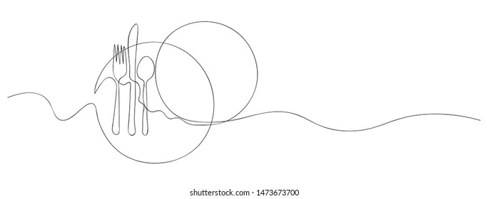 Continuous line art or One Line Drawing of plate, Khife and fork. linear style and Hand drawn Vector illustrations