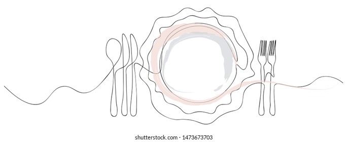 Continuous line art or One Line Drawing of plate, Khife and fork. linear style and Hand drawn Vector illustrations
