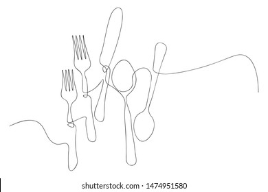 Continuous line art or One Line Drawing of plate, khife and fork. linear style and Hand drawn Vector illustrations