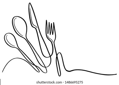 Continuous line art or One Line Drawing of plate, khife and fork. linear style and Hand drawn Vector illustrations