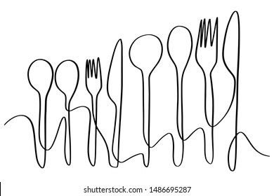 Continuous line art or One Line Drawing of plate, khife and fork. linear style and Hand drawn Vector illustrations