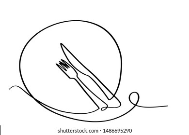 Continuous line art or One Line Drawing of plate, khife and fork. linear style and Hand drawn Vector illustrations