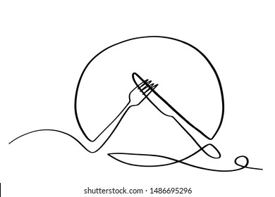 Continuous line art or One Line Drawing of plate, khife and fork. linear style and Hand drawn Vector illustrations