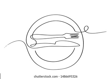 Continuous line art or One Line Drawing of plate, khife and fork. linear style and Hand drawn Vector illustrations