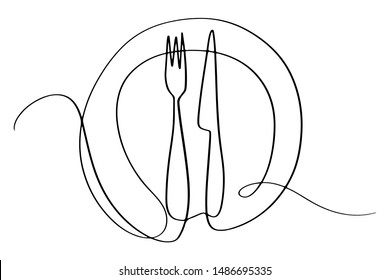 Continuous line art or One Line Drawing of plate, khife and fork. linear style and Hand drawn Vector illustrations