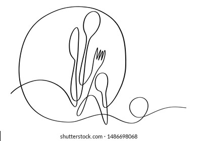 Continuous line art or One Line Drawing of plate, khife and fork. linear style and Hand drawn Vector illustrations