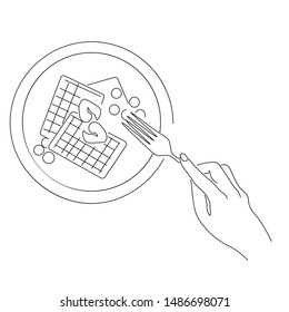 Continuous line art or One Line Drawing of plate, khife and fork. linear style and Hand drawn Vector illustrations